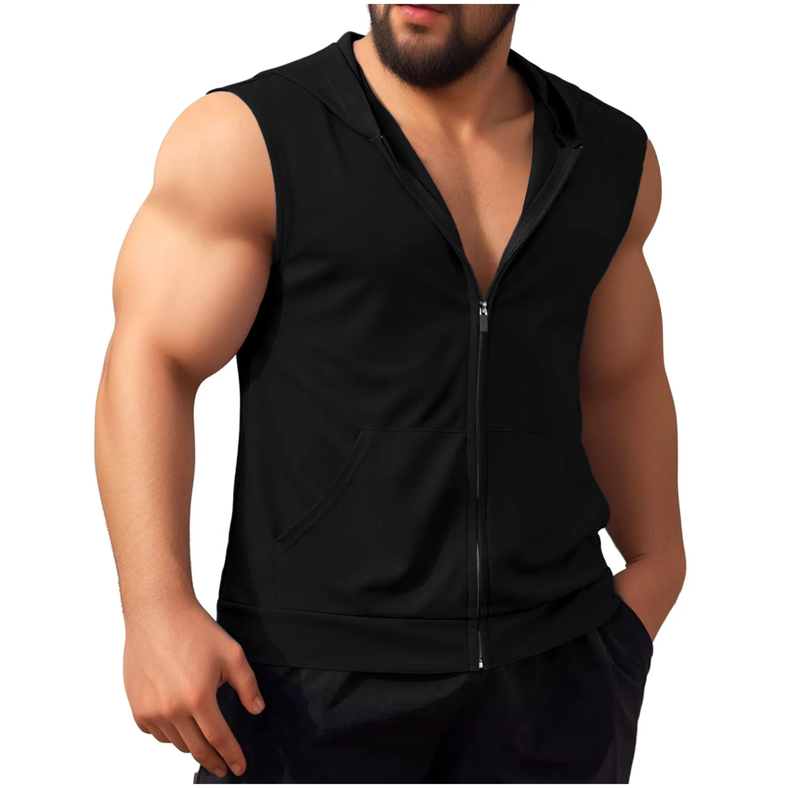 Summer New Men's Workout Hooded Tank Tops Zip-up Sleeveless Gym Bodybuilding Tees Muscle Tops Male Streetwear Casual Sweatshirts