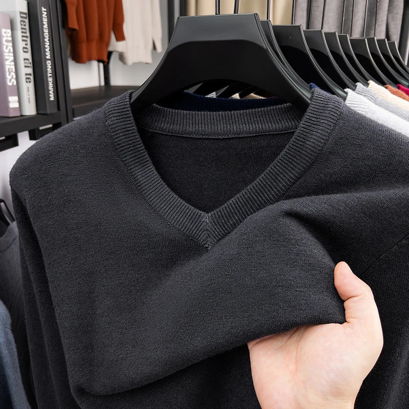 New Sweatwear Men's V Neck Basic Solid Color Sweaters Round Neck Elastic Pullovers Warm Autumn Knitted Oversized Sweater Men