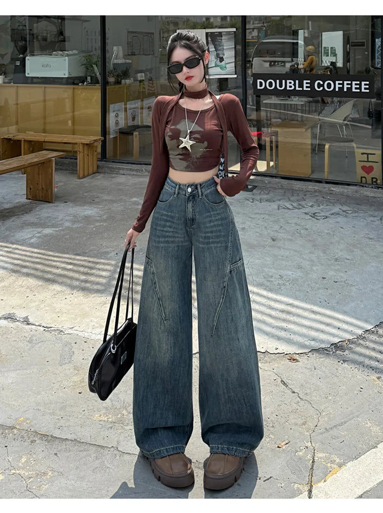 High Waisted Wide Leg Jeans Women Cotton Retro Denim Y2k Loose Fashion Design Sense Pant Streetwear Baggy Straight Trouser Woman