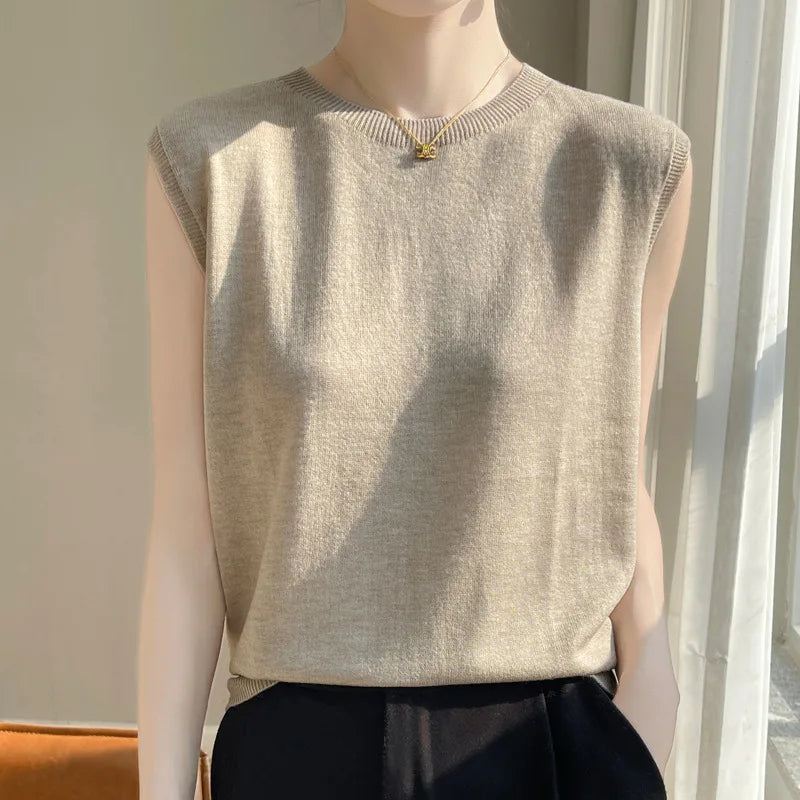 Women Tops Knitted Tank Tops O-neck Sleeveless Bottoming Shirts Spring Summer Tank Top Solid Soft Korean Fashion Lady Knit Top