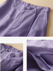 Women's Shorts Cotton Linen High Waisted Short Pants Casual Loose Solid Purple Button Summer Shorts for Women