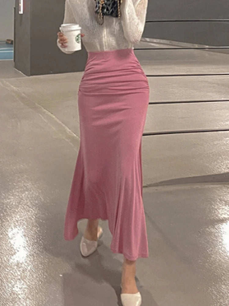 Shirred Satin High Waist Midi