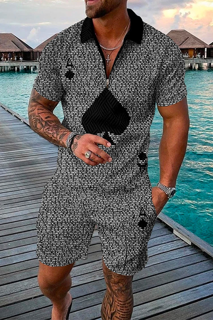 Summer Men's Tracksuit Short Sleeve Polo Shirt Set Fashion Luxury Chain Print Clothing 2 Pieces Casual Suit Streetwear Outfit