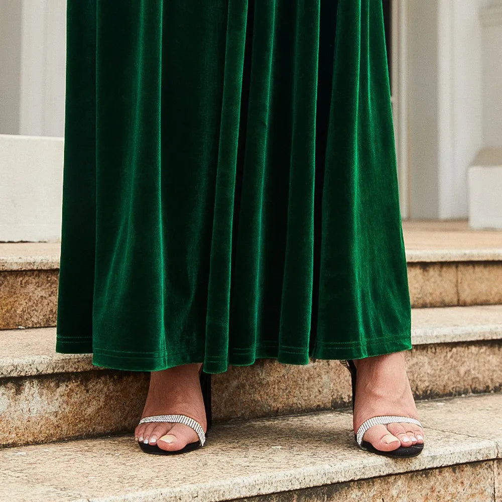 Women's Elegant A-Line Velvet Dress for Wedding Guest Prom Party Wedding Party, Long Sleeve Round Neck Belted Full Skirt