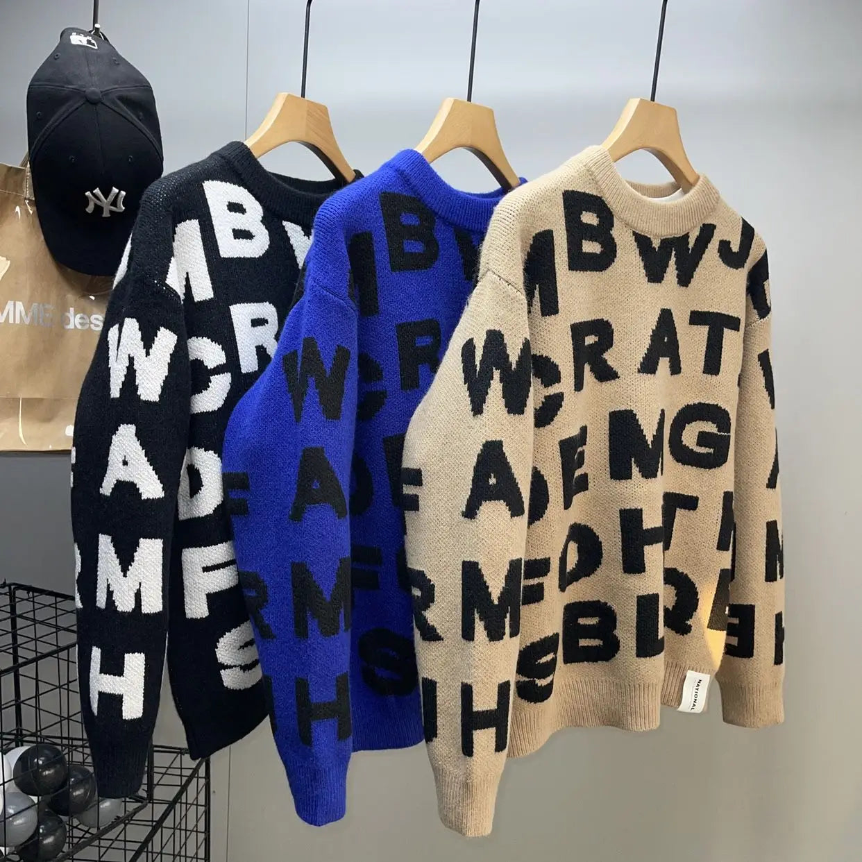 Sweater Men's Clothing Winter Full-print Letter Jacquard Loose Thickened Design Round Neck Top Trendy American Style Sweater