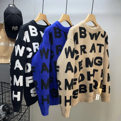 Sweater Men's Clothing Winter Full-print Letter Jacquard Loose Thickened Design Round Neck Top Trendy American Style Sweater