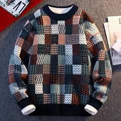 New Fashion Men Plaid Pullover Winter Sweaters Outwear Loose Casual Knitted Sweaters Male O-neck Pullovers Sweatercoats Size 4XL