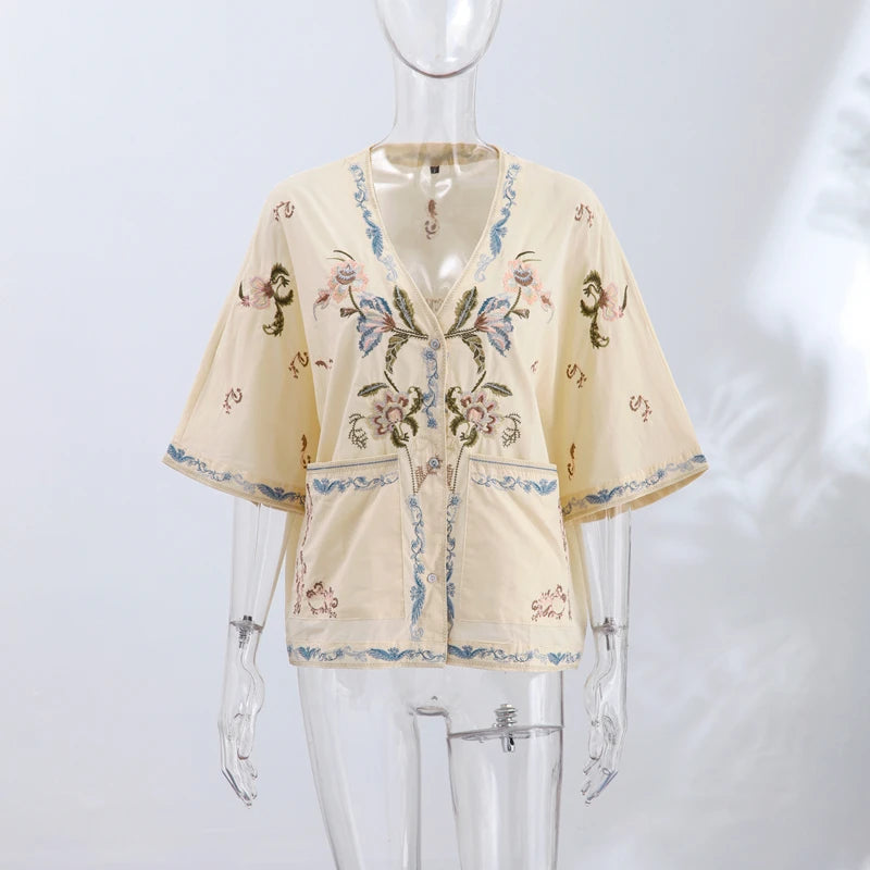 Casual Print Top Shorts Women Set Holidays V-neck Long Flare Sleeve Blouse Wide Leg Short Pants 2026 Summer Autumn Lady Outfit