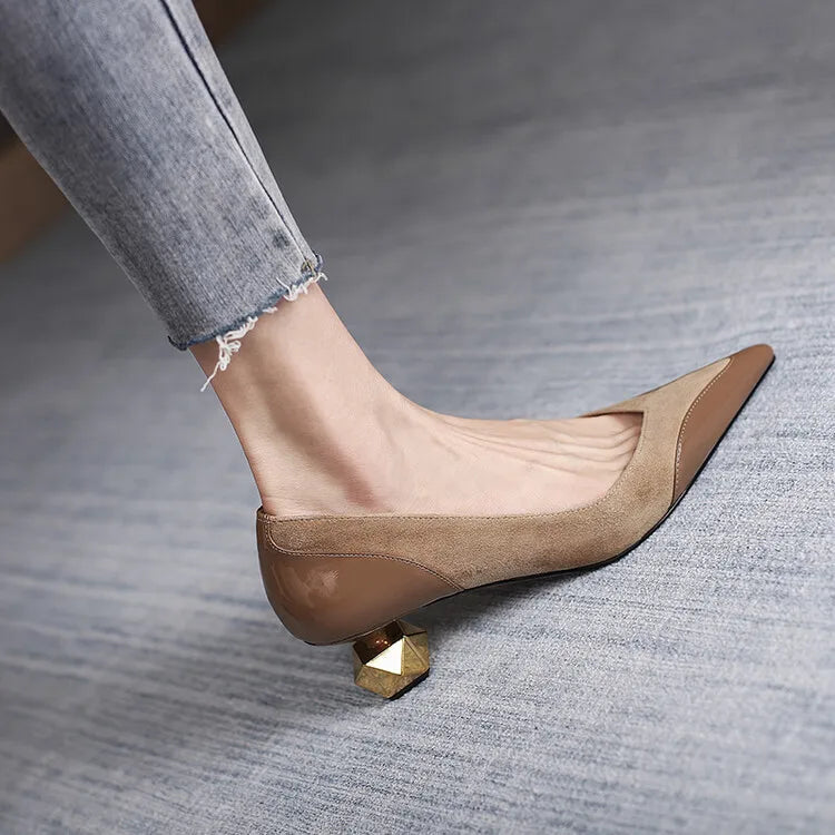 Middle Heel High Heels Women 2026 Spring Autumn Korean Fashion Splicing Pointed Shallow Shaped Heel Thick Pimps Shoes for Women