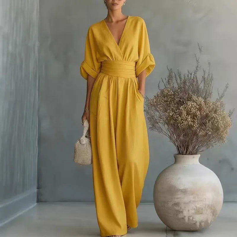 Women's Jumpsuit Fashion High Waist V-neck Casual Jumpsuits Sexy Solid Color Office Wide Leg Trousers Overalls Vacation Outfit