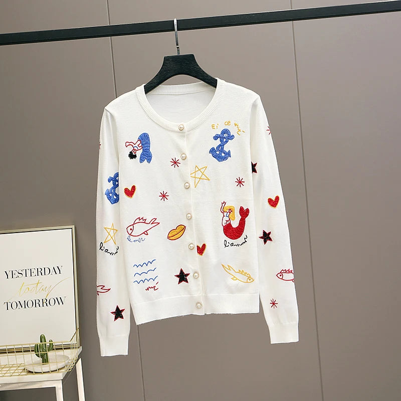 Embroidered Knit Cardigan Sweater