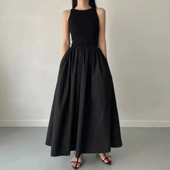Female Fashion Style Dress New Summer Simple Elegant Black Long Dresses For Women Round Neck Sleeveless High Waist Temperament