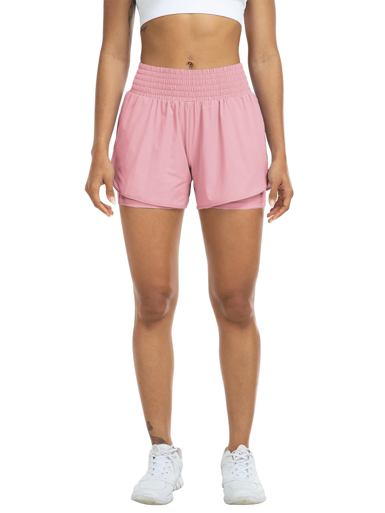 Women's high-waisted athletic shorts for running, yoga, layered design, anti-exposure, fitness, and workout with pockets