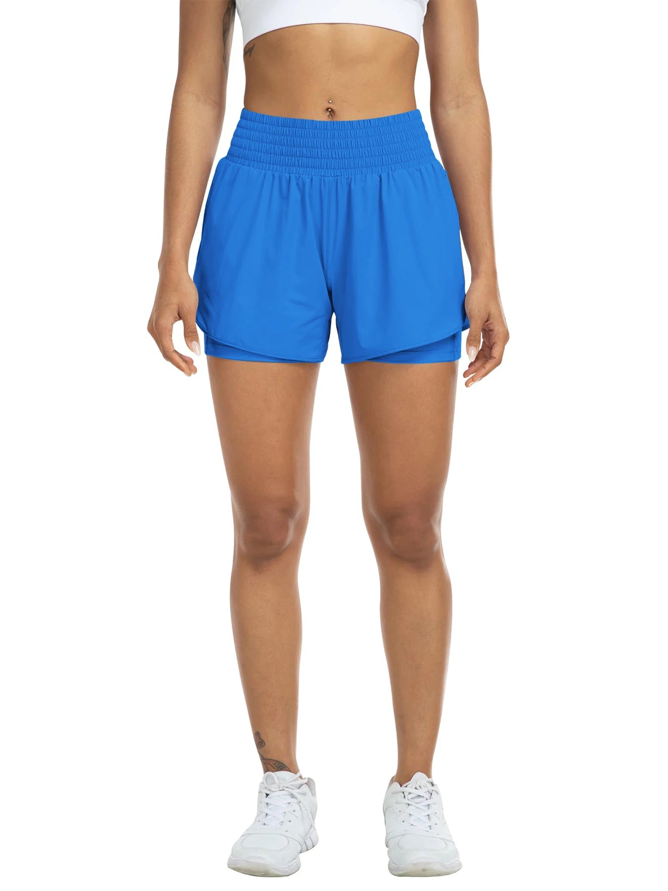 Women's high-waisted athletic shorts for running, yoga, layered design, anti-exposure, fitness, and workout with pockets