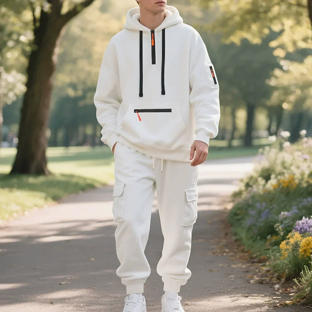 Men's Heavyweight Fleece-Lined Casual Tracksuit Set for Winter - Loose-Fit, Half-Zip, 2-Piece Workwear Style