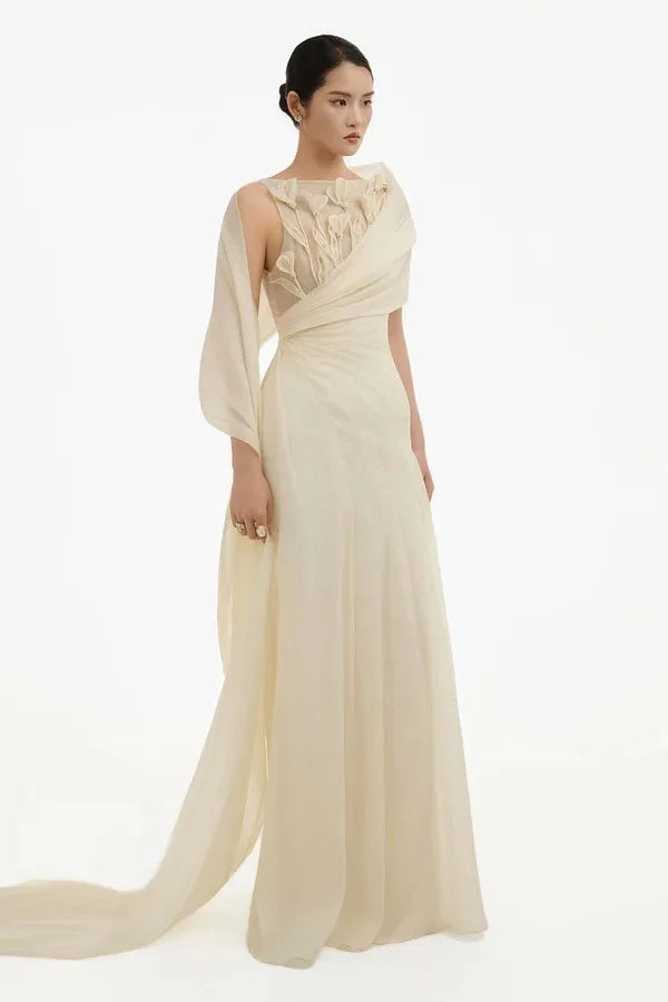 Women's Formal Evening Gowns Ivory Bridesmaid Dress With 3D Floral Applique Draped Cape Evening Dresses Wedding Dress