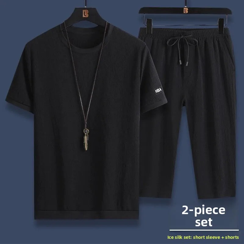 Casual Ice Silk Sports Suit Men's Summer Thin Short Sleeve Shorts Trendy Clothes Handsome Match One Set of Youth Clothing