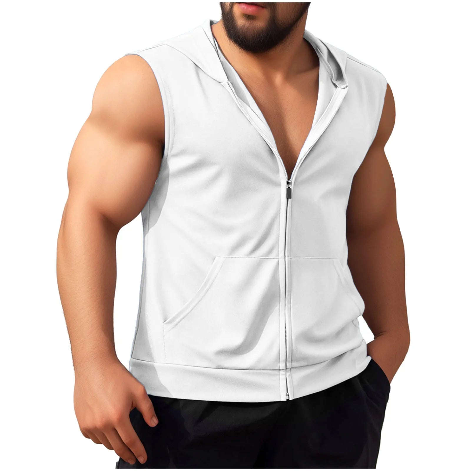 Summer New Men's Workout Hooded Tank Tops Zip-up Sleeveless Gym Bodybuilding Tees Muscle Tops Male Streetwear Casual Sweatshirts
