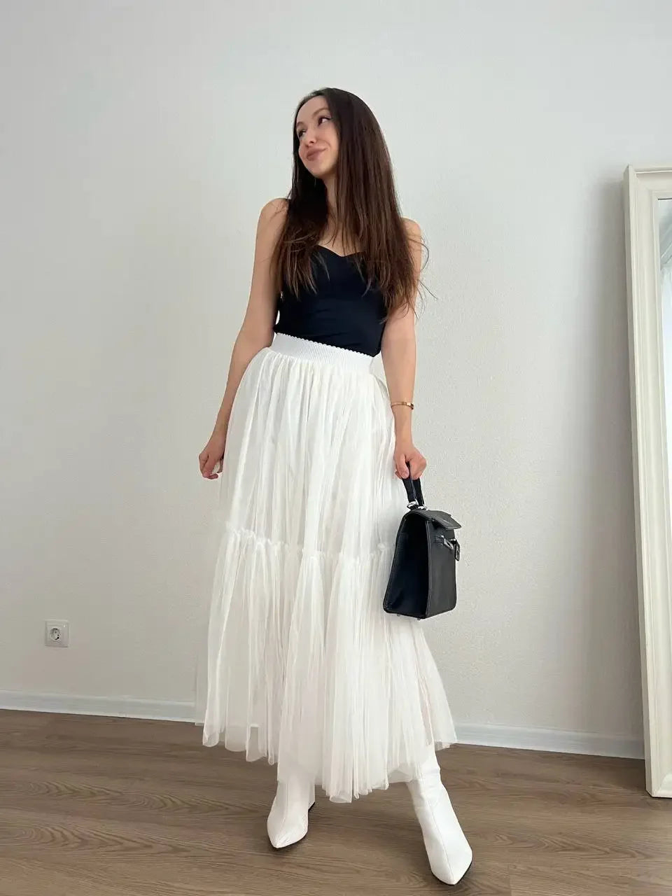 Pleated Lace Cake Midi Skirt