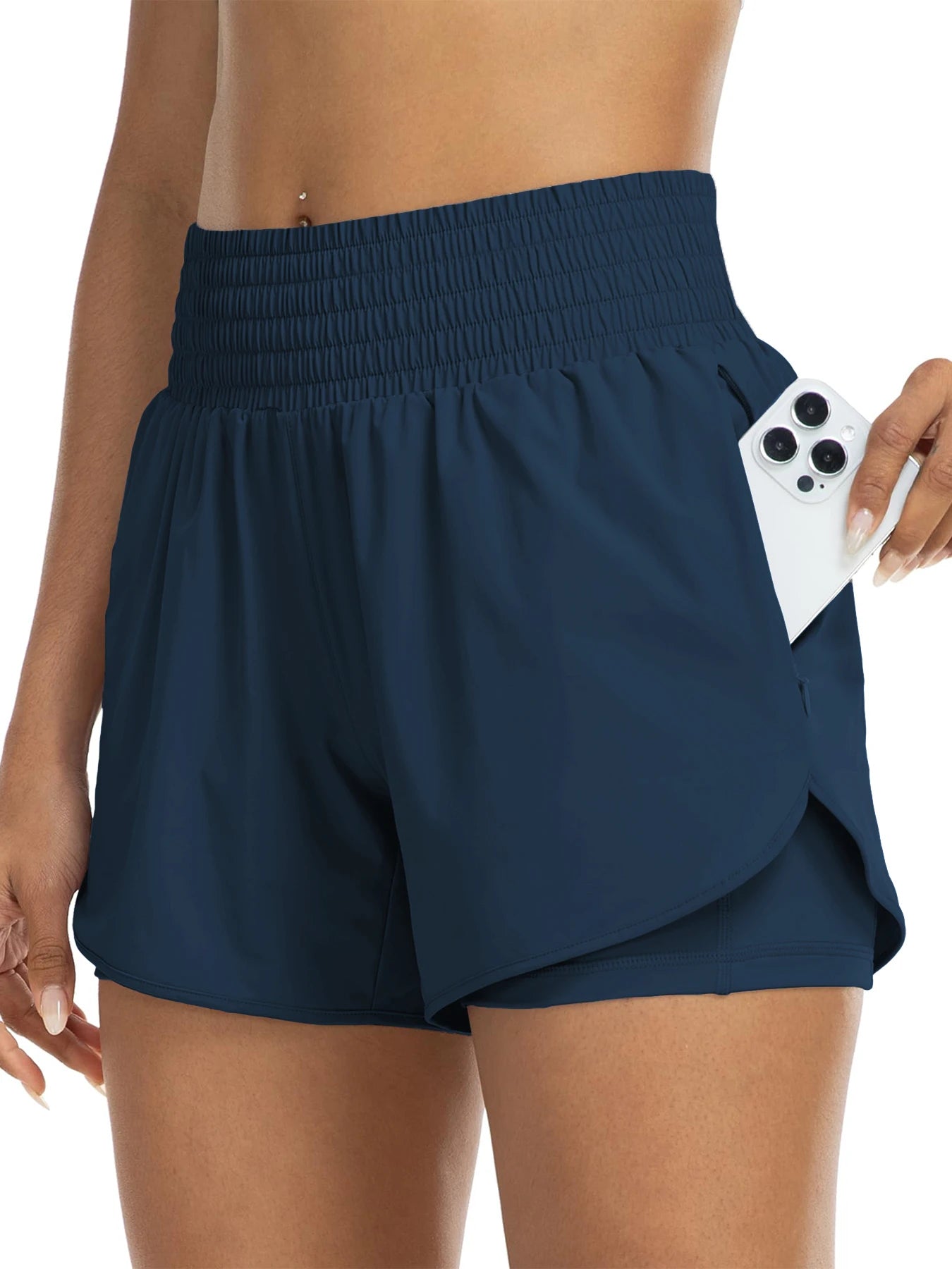 Women's high-waisted athletic shorts for running, yoga, layered design, anti-exposure, fitness, and workout with pockets