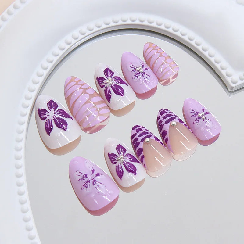 Medium fake nails for women Gradient nude brown blue flowers or rhinestones fall winter almond tips press on false nail art set