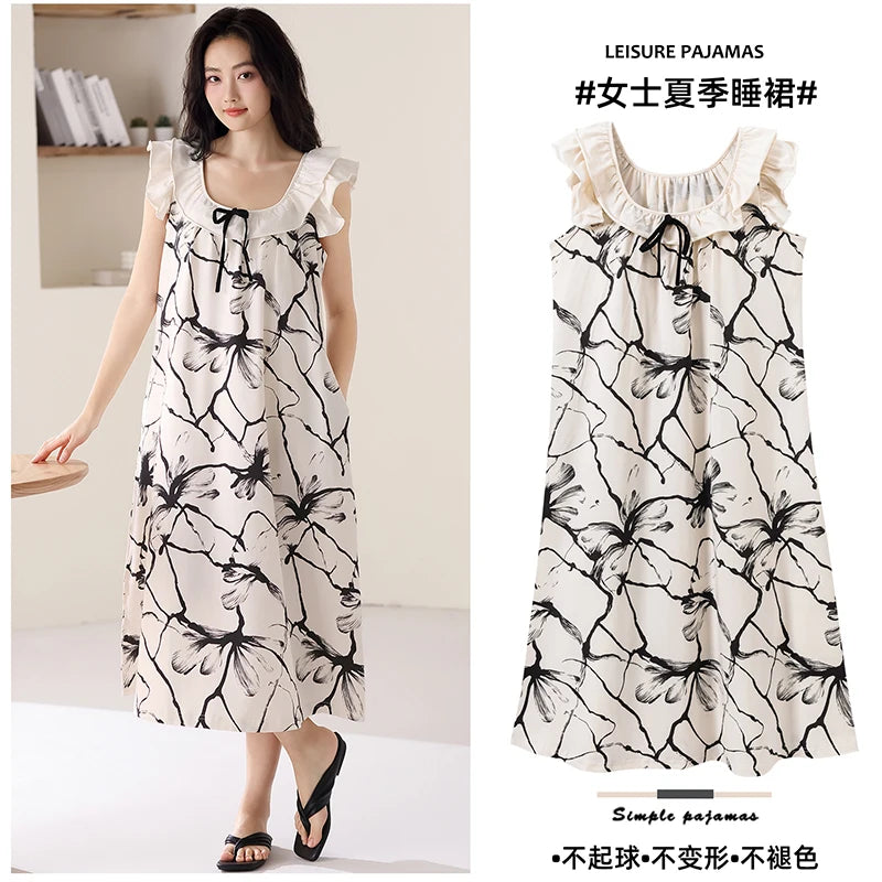 Newest Women Nightdress Female 100% Cotton Nightwear Floral Short Sleeve Sleepdress With Chest Pad