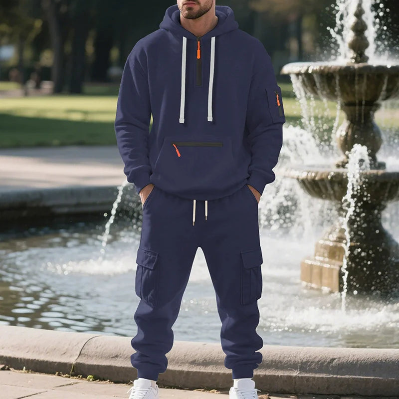 Men's Heavyweight Fleece-Lined Casual Tracksuit Set for Winter - Loose-Fit, Half-Zip, 2-Piece Workwear Style