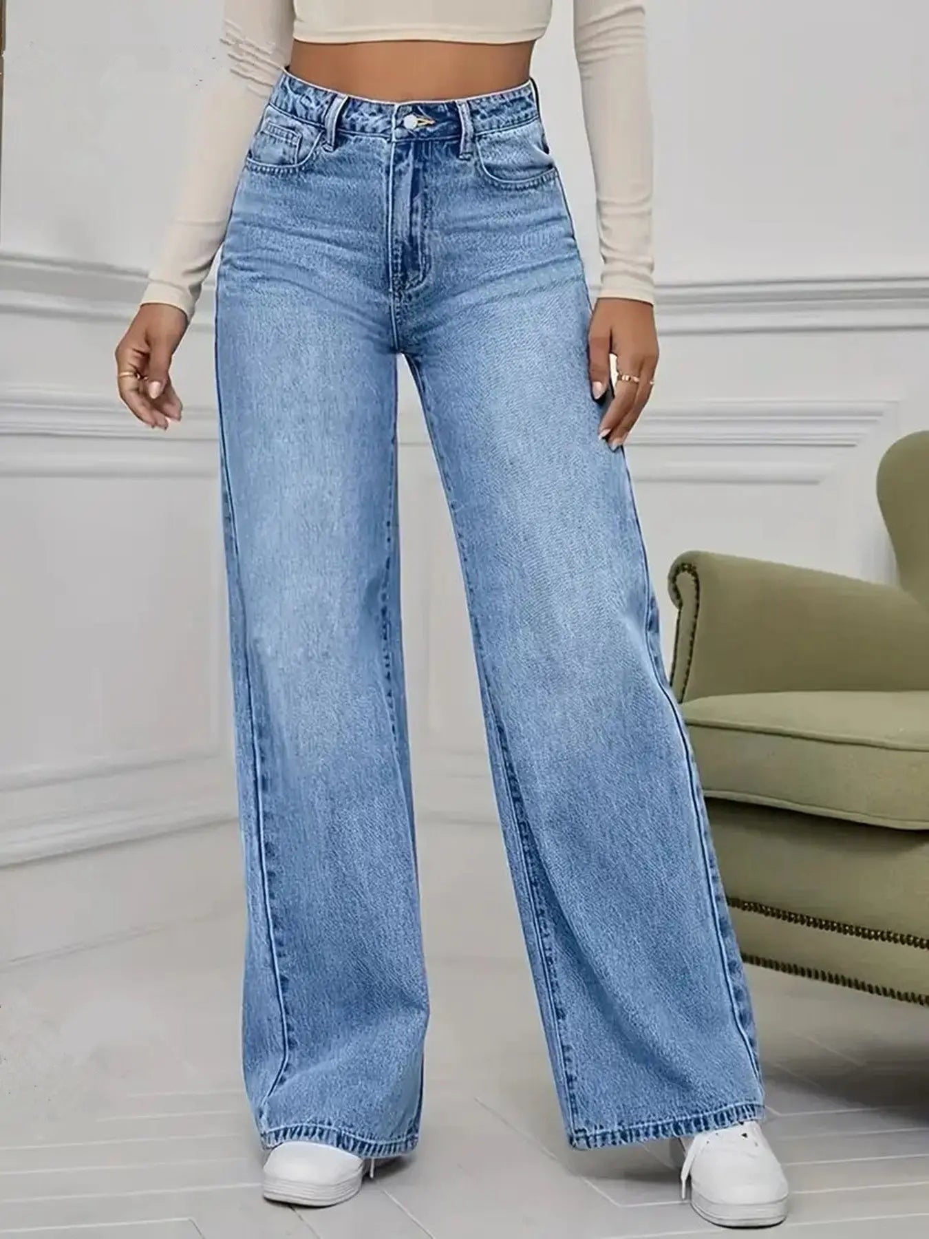 Spring and Autumn New Sky Blue Jeans for Women, Water Washed, Loose, Casual, Wide Legs, Comfortable, Vintage Pants