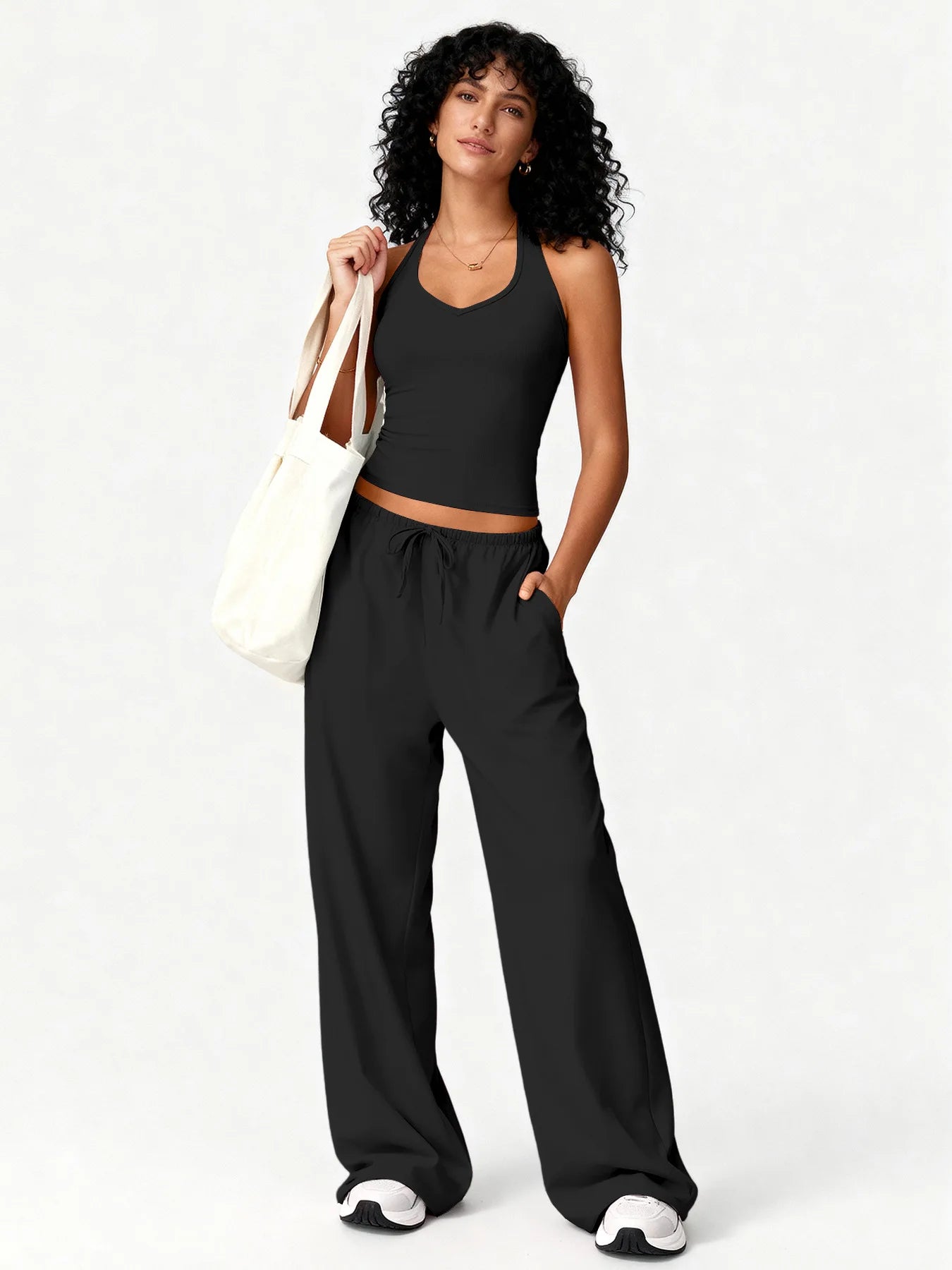 Women 2 Piece Yoga Outfit Ribbed Halter Crop Tank Top Drawstring Wide Leg Pants Set Casual Workout Gym Loungewear Tracksuit