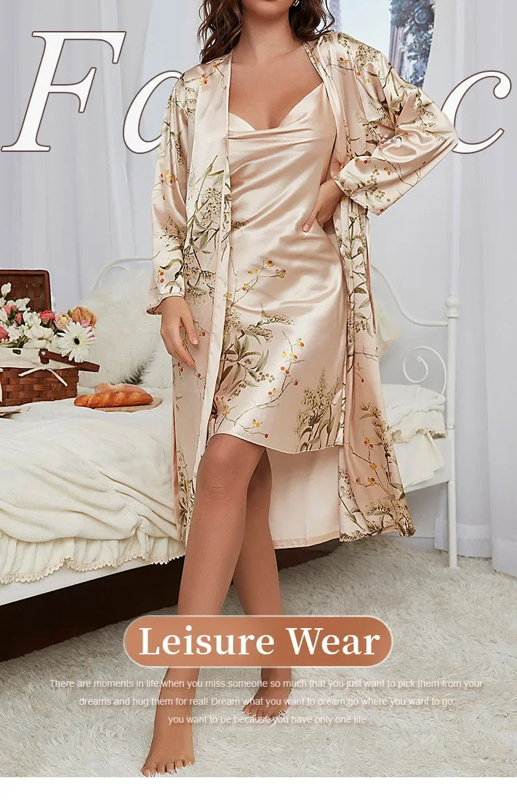 2-pcs Women's Nightgown Women's Pajamas Satin Dress Sexy Slip Dress Women's Silk Robe Satin Woman Nightie Home Suit for Women
