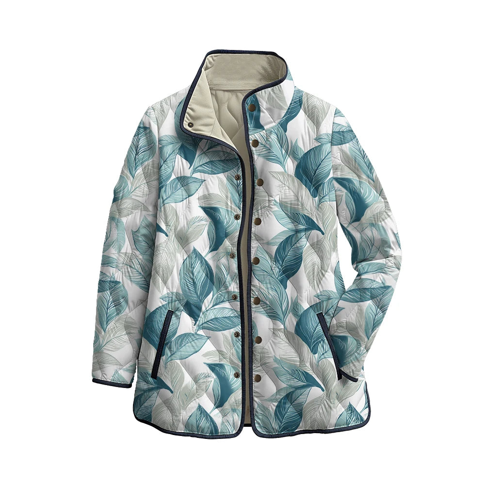 Quilted Leaf Print Winter Jacket
