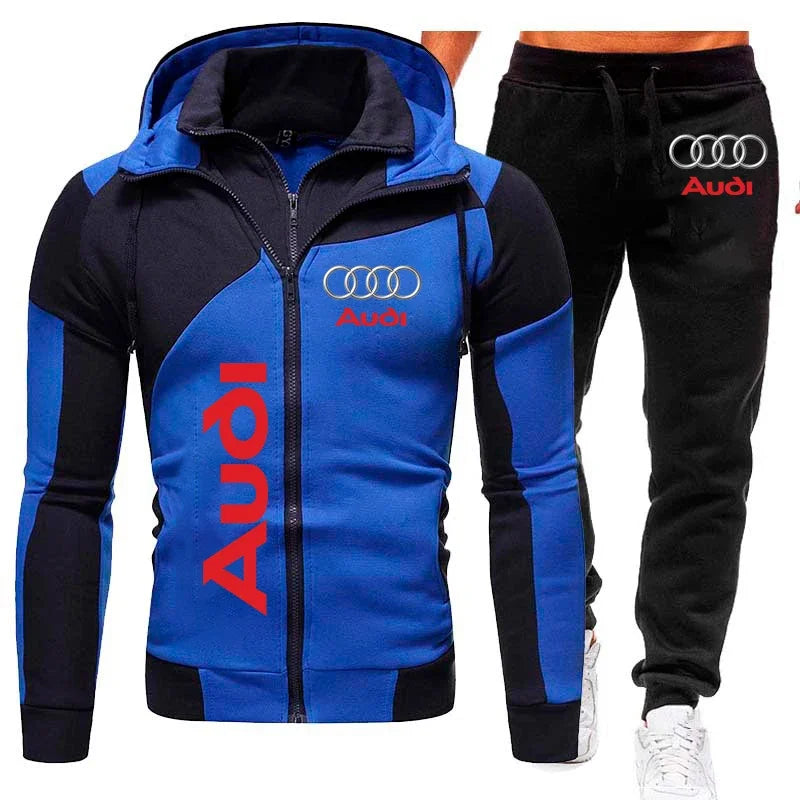 Tracksuit Audi Car Logo Print Sportswear 2 Pieces Sets Warm Fleece Clothing Hooded Sweatshirt+Pants Sport Suit Audi Men Clothing