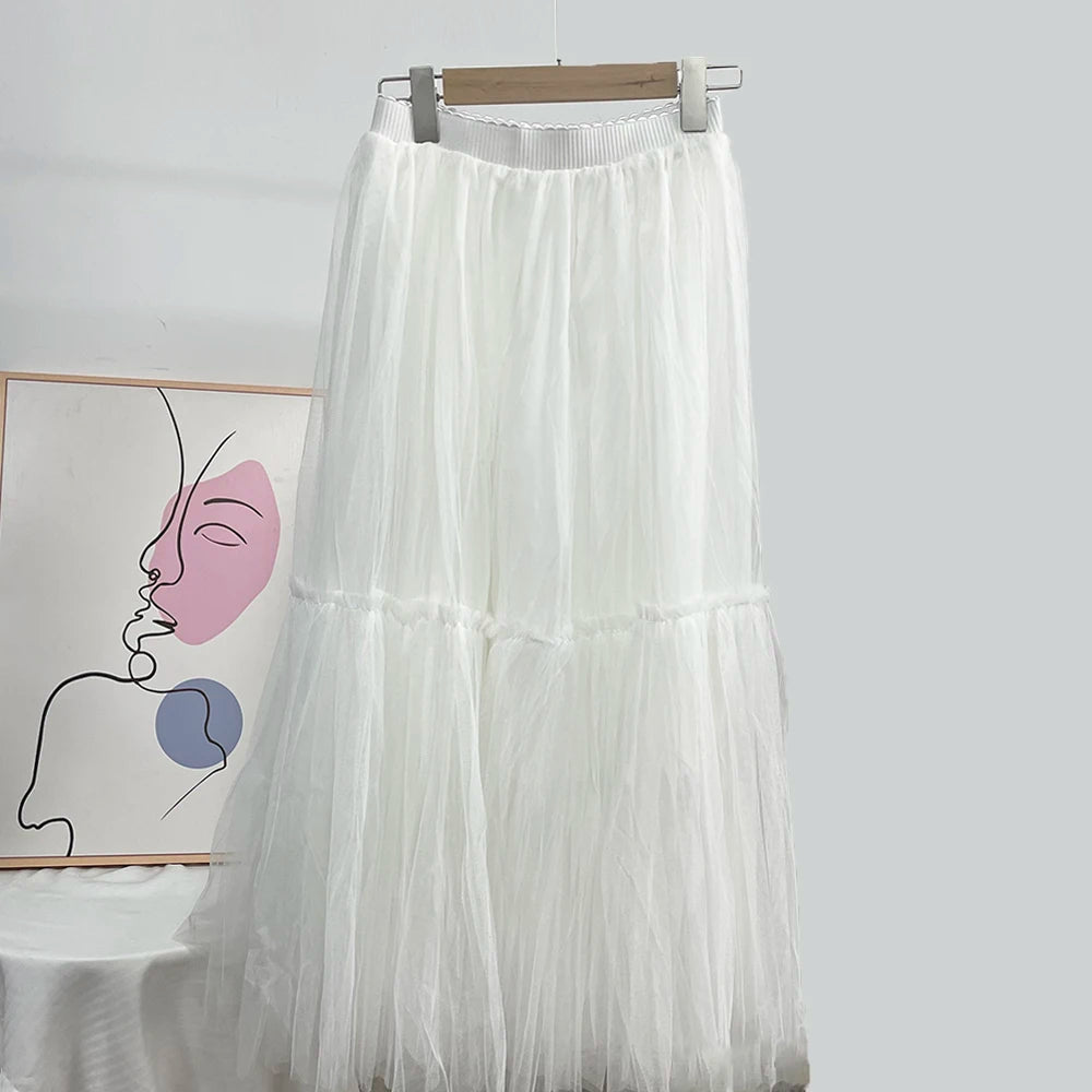 Pleated Lace Cake Midi Skirt