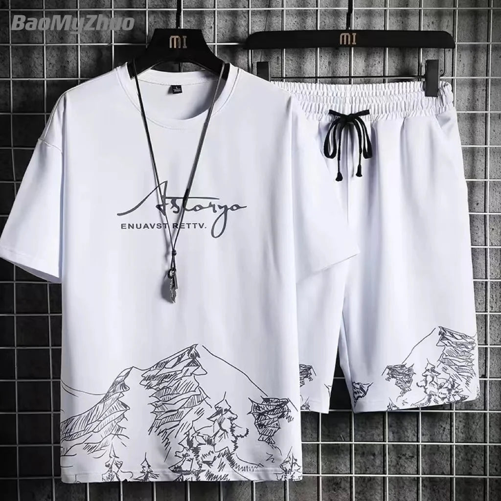2023 Summer Men's Tracksuit 2 Piece Set Fashion Casual Solid Short-Sleeved T-Shirt and Shorts Sport Suit Breathable Man Clothing