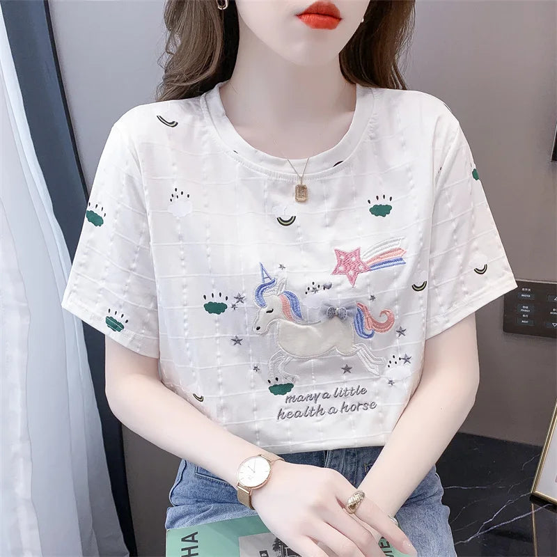 Embroidered Cartoon Summer Casual Tee