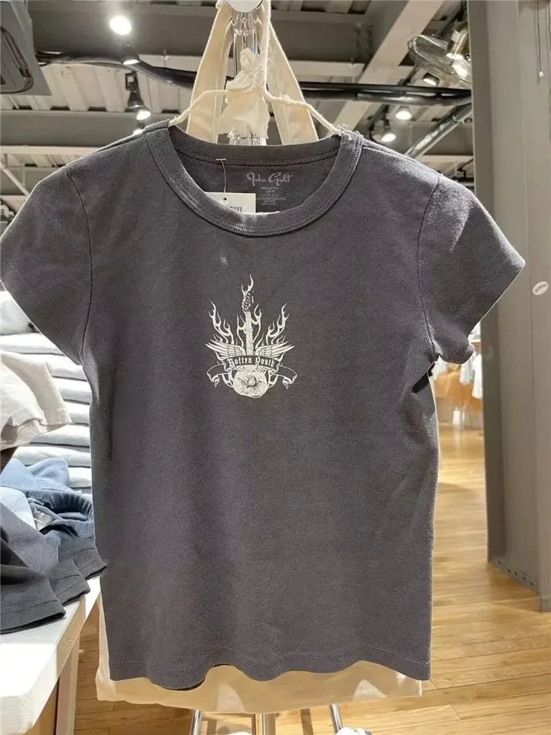 Letter Print Ribbed T-shirts Women Summer Casual Simple Cotton Soft Short Sleeve Tees Vintage Chic Slim Y2K Tshirts
