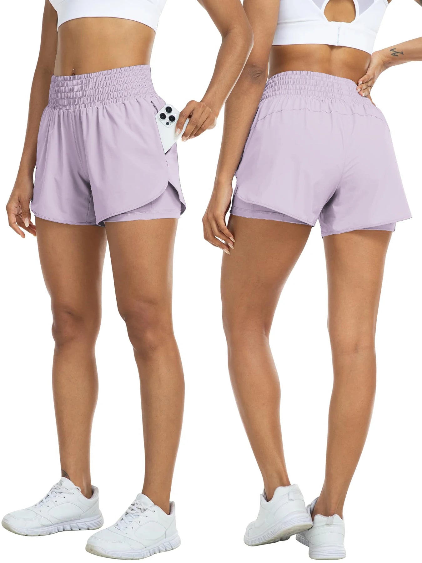 Women's high-waisted athletic shorts for running, yoga, layered design, anti-exposure, fitness, and workout with pockets