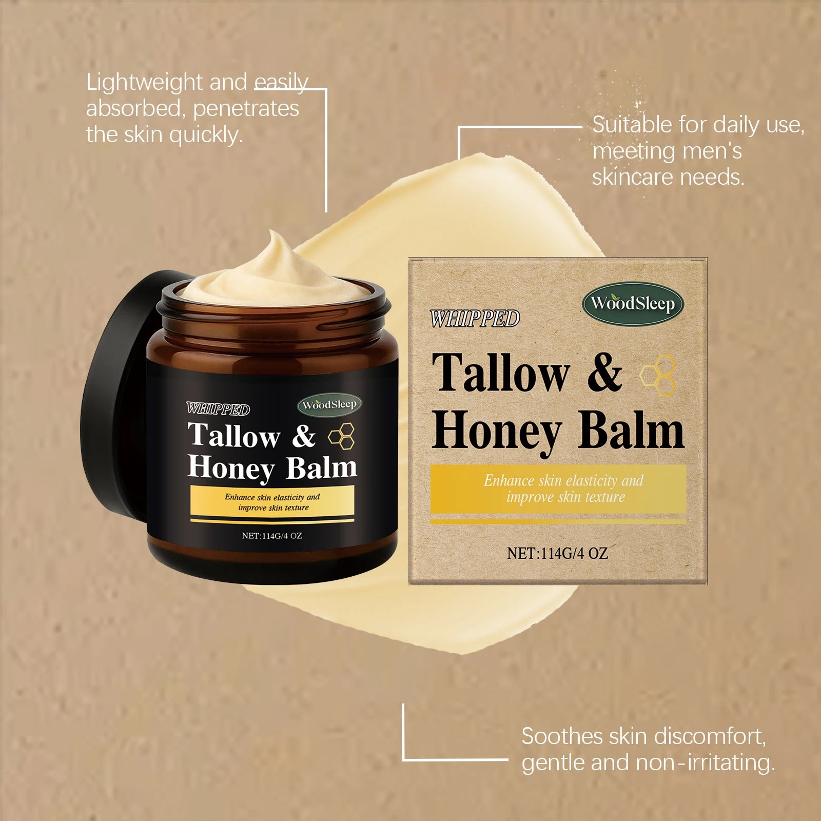 Beef Tallow Honey Balm for Men Lasting Moisturizing Dryness Soothing Skin Firming Smoothing Roughness Anti Aging Face Cream