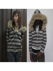 Hoodie with leather collar suitable both men and women striped printed long sleeved loose hooded sports hoodie punk Y2K daily