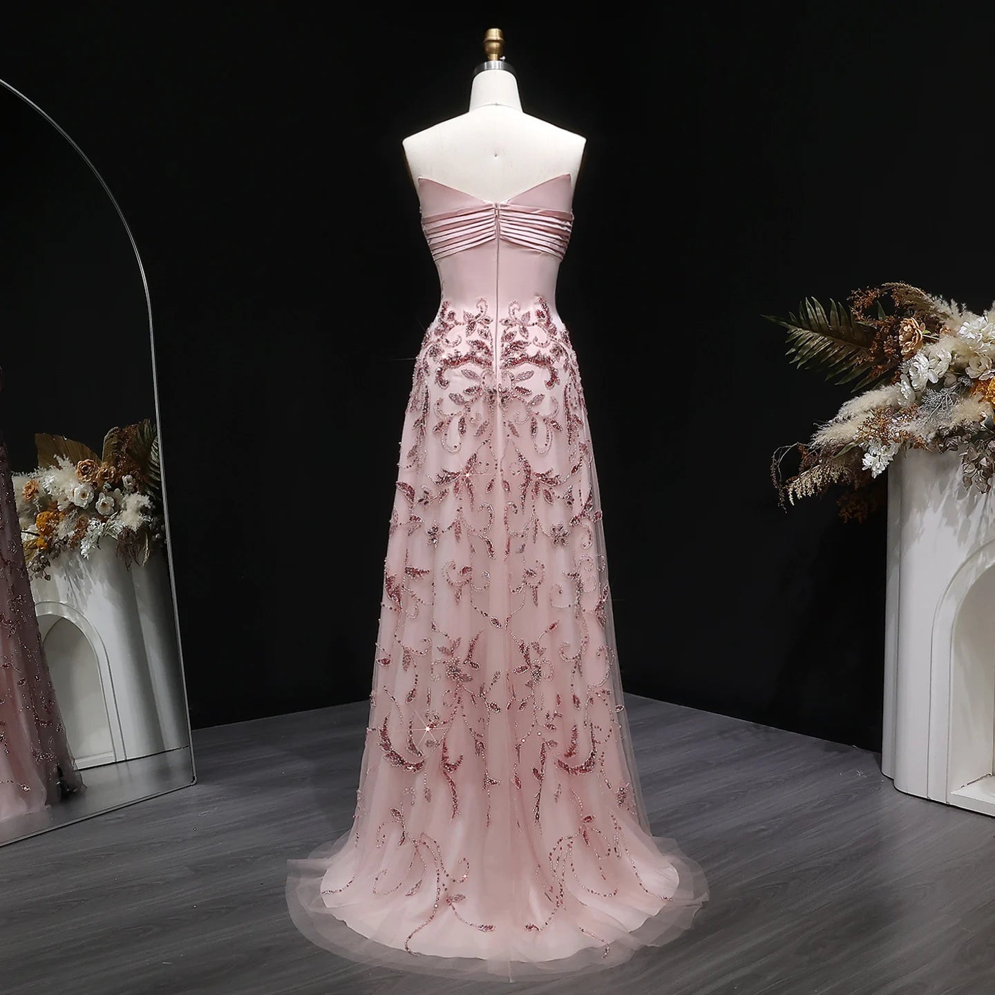 Pink Beaded Sweetheart Evening Gown