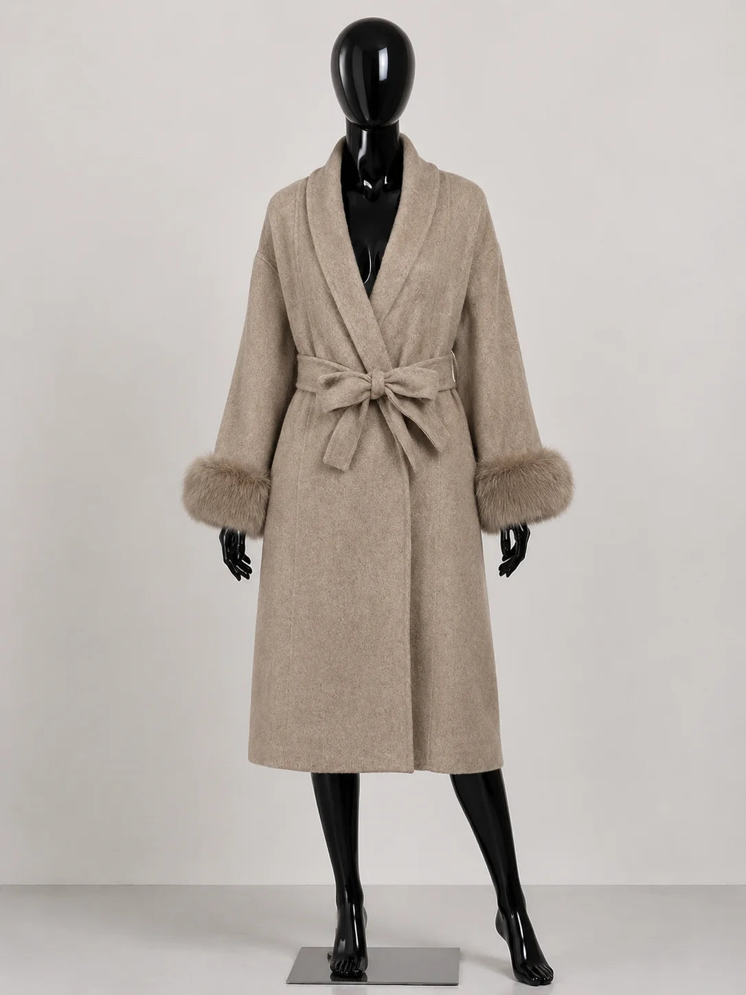 Women's Wool Coat with Fur Cuffs Minimalist Soft Wool High Fashion Belted Winter Fur Trim Coat Old Money Style Natural Fur Coat