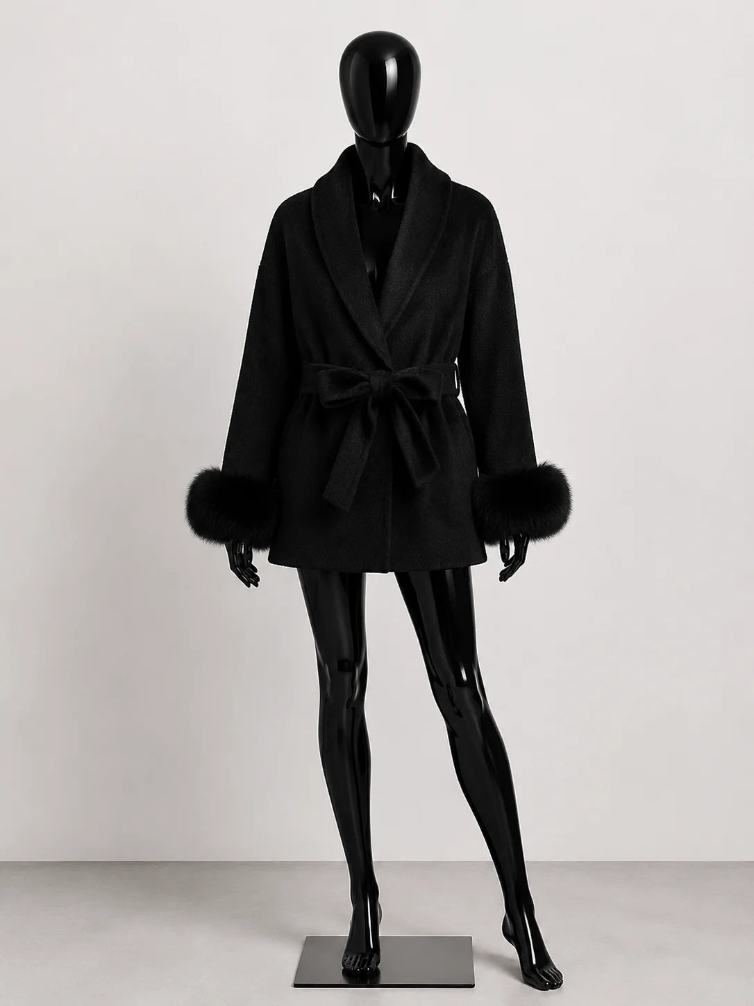 Women's Wool Coat with Fur Cuffs Minimalist Soft Wool High Fashion Belted Winter Fur Trim Coat Old Money Style Natural Fur Coat