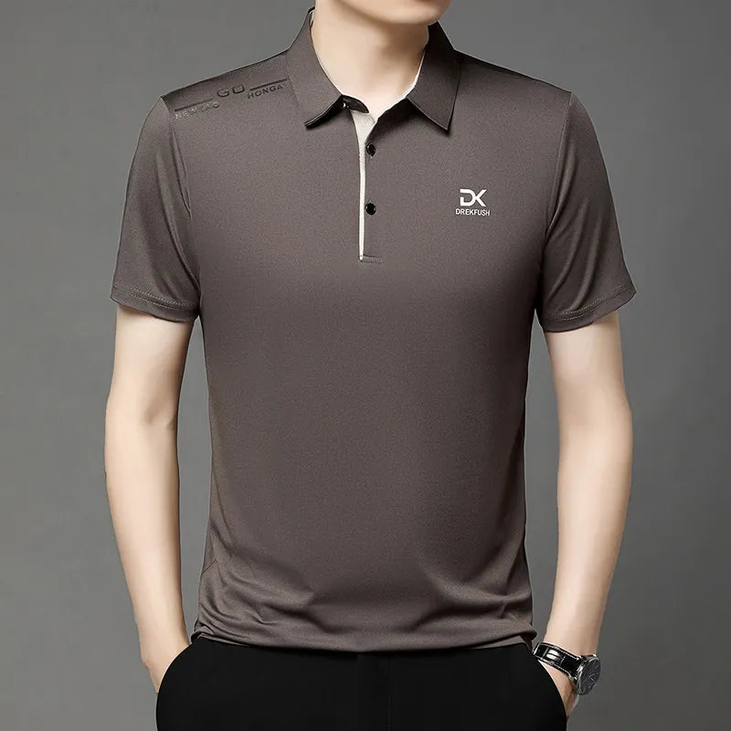 Men's Business Casual Short Sleeve Polo Shirt Solid Color with Badge Fashionable Breathable Comfortable Versatile Business Top