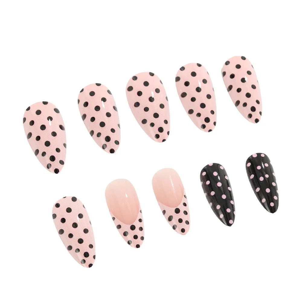 Medium long fake nails for women girls pink white black red blue brown polka dots design almond ballet tips press on false nail