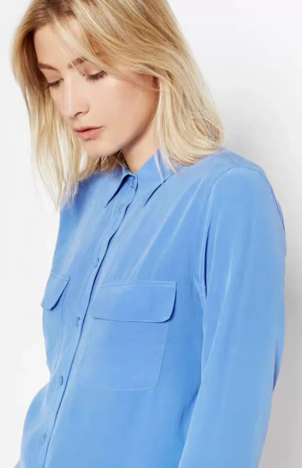 Women Real Silk Shirts Classic Double Pockets Solid Color Casual Fashion Long Sleeve Thin Shirt Blouses Tees