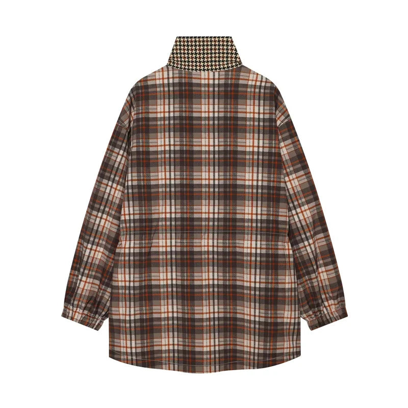 Women's Coat 2026 New Autumn Gray Plaid Long Sleeve Loose Drawstring Decorative Coat Casual Fashion Personal Ladies Outerwear