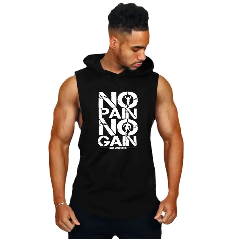 Men’s Fitness Workout Sportswear Tops Bodybuilding Hooded Tank Top Cotton Printed Sleeveless T-shirts Casual Hip Hop Undershirt