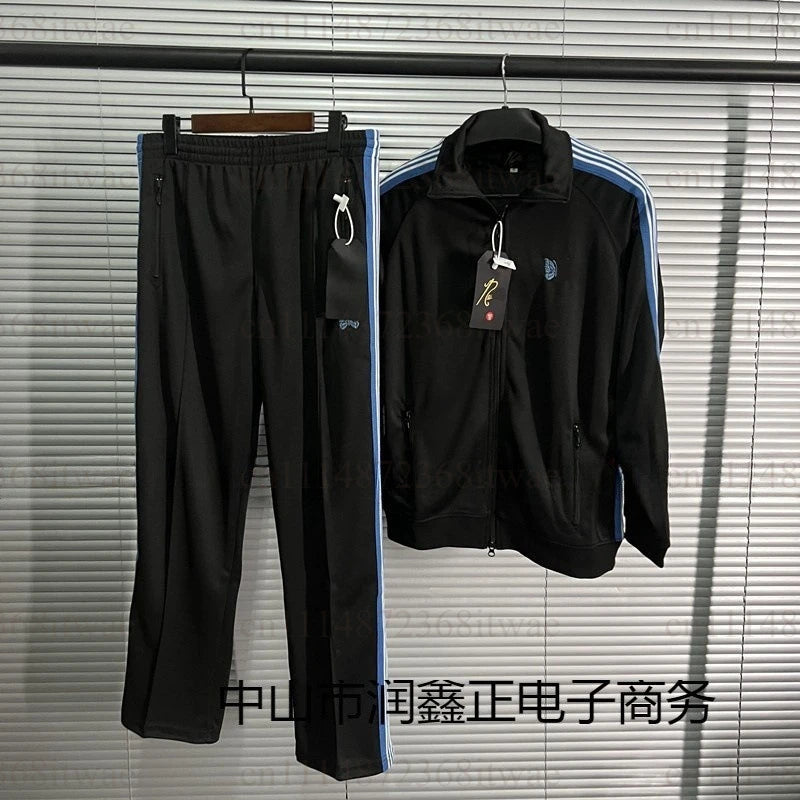 Unisex Embroidery Track Suit Striped Tape Zip‑Up Jacket Pants Set Casual Sportswear Outfit Long Sleeve Athletic Tracksuit Set