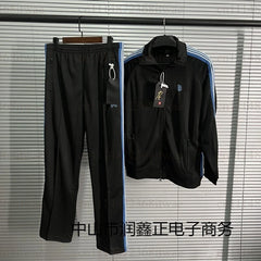 Unisex Embroidery Track Suit Striped Tape Zip‑Up Jacket Pants Set Casual Sportswear Outfit Long Sleeve Athletic Tracksuit Set
