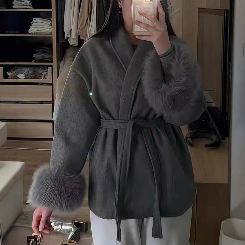 Elegant Women's Lace Up Woolen Coats Solid Full Sleeve Turn-down Collar Loose Lady Coats 2025 Autumn Winter Female Streetwear